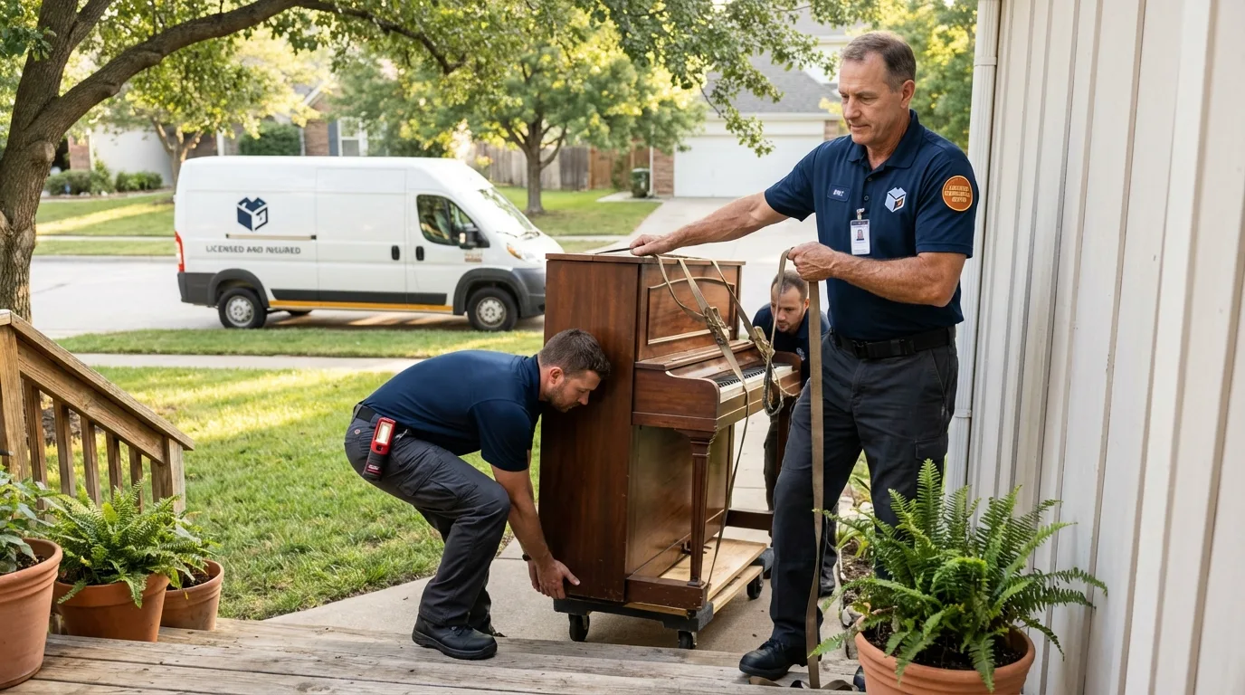 Licensed piano movers securing grand piano in Islamorada, FL