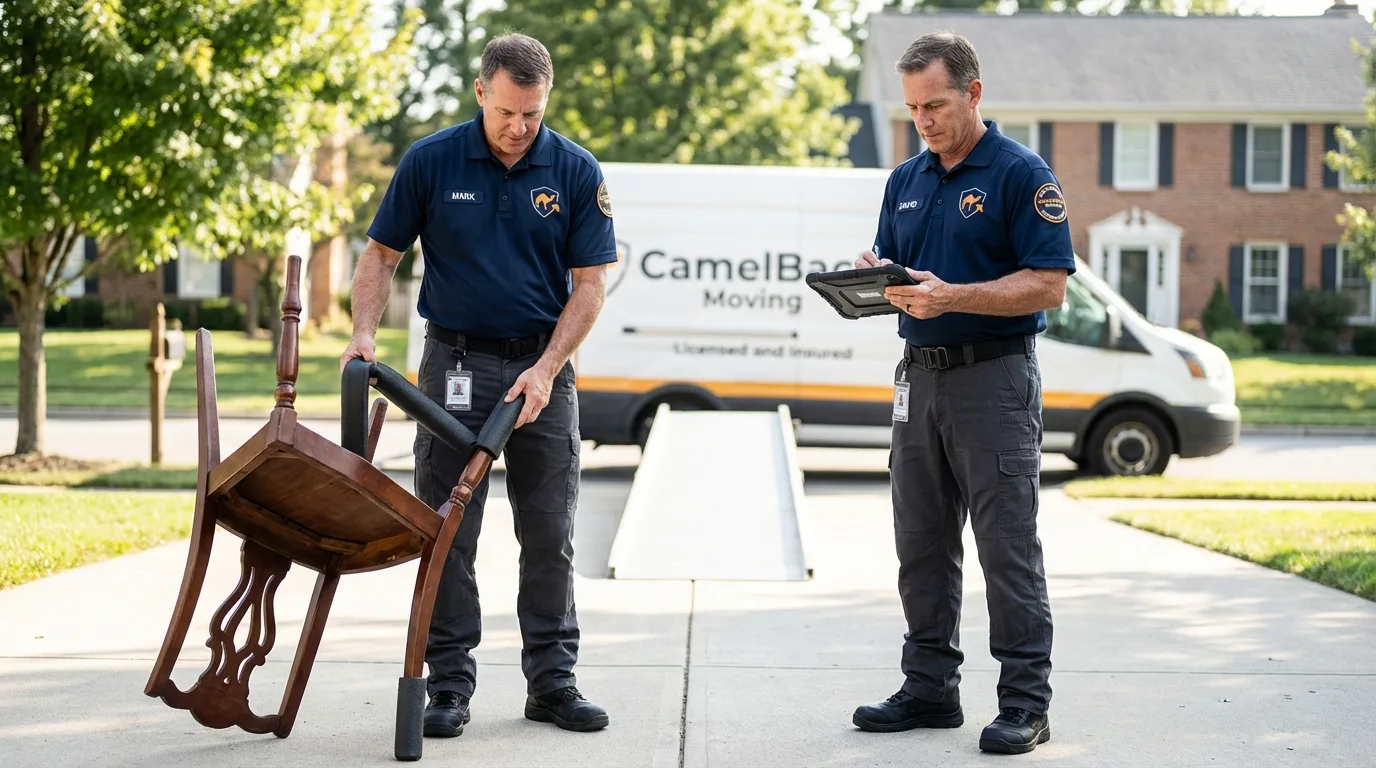 Movers inspecting furniture for damage prevention before loading in Islamorada, FL